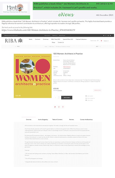 RIBA publishes a book titled “ 100 Women: Architects in Practice”, which includes Dr. Yasmeen’s Lari’s profile and works.