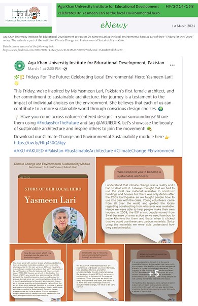 Aga Khan University Institute for Educational Development celebrates Dr. Yasmeen Lari as the local environmental hero.