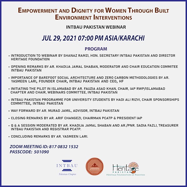INTBAU webinar-'Empowerment and Dignity for Women through built Environment Interventions'-Part of the workshop being held for 10 Universities around Pakistan