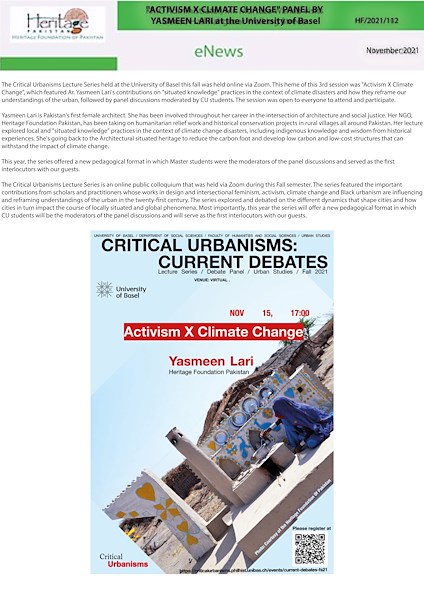 CRITICAL URBANISMS: CURRENT DEBATES - FALL 2021 by Ar. Yasmeen Lari at the University of Basel