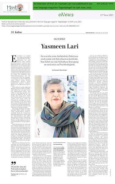 An interview of Prof. Dr. Yasmeen Lari was published in German language magazine ‘Tages Spiegel’ on 25th June, 2023.