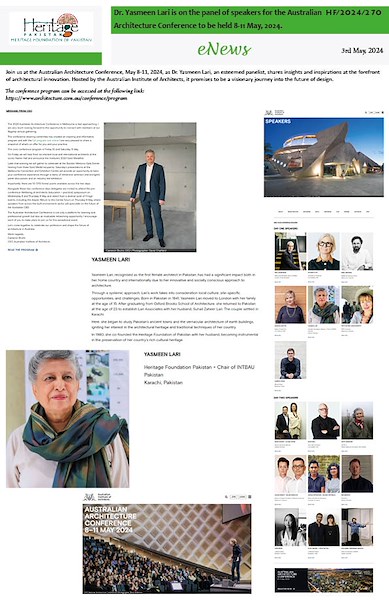 Dr. Yasmeen Lari is on the panel of speakers for the Australian Architecture Conference to be held 8-11 May, 2024.